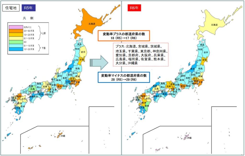 令和6年地価調査 都道府県別地価変動率（住宅地）(出典　国土交通省）